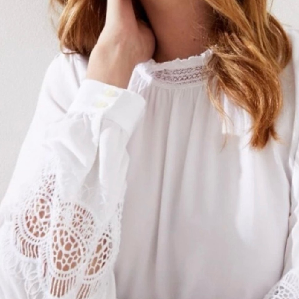 Loft Blouse Women Size XL White Lace Embroidery Vtg Look Classic Academia Cutout - Picture 2 of 10